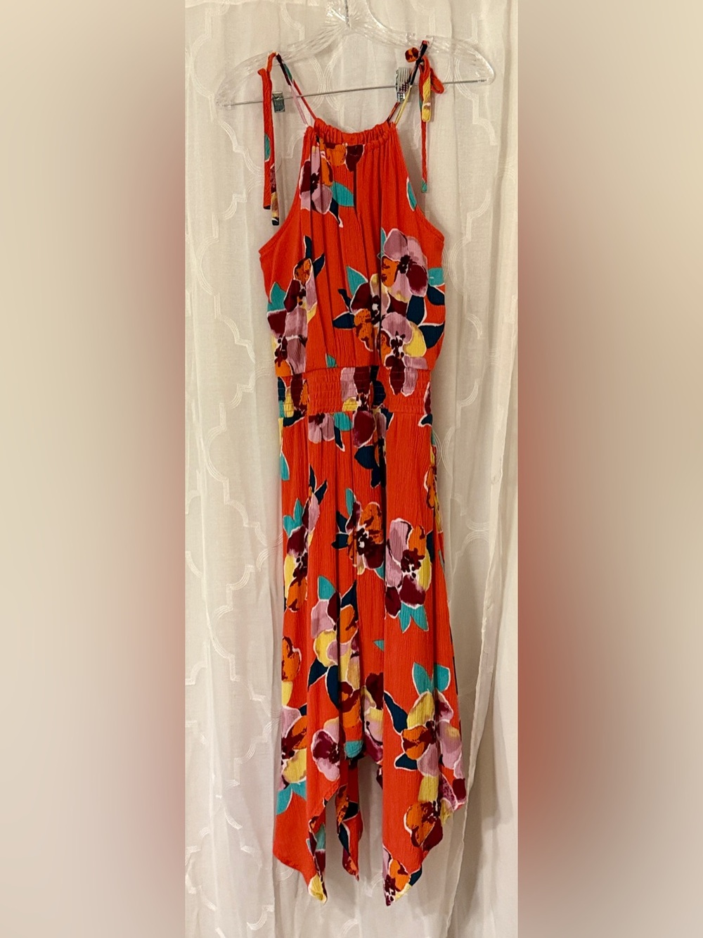 Maurices Orange Red Floral Handkerchief Hem Maxi Dress Medium Tie Strap